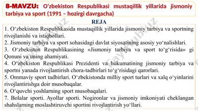 jismoniy tarbiya va sportning mustaqillik yillarida rivojlanishi — PPTX