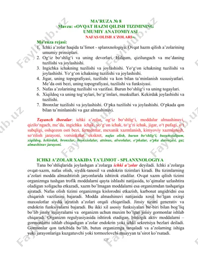 ovqat hazm qilish tiziminin umumiy anatomiyasi — DOC