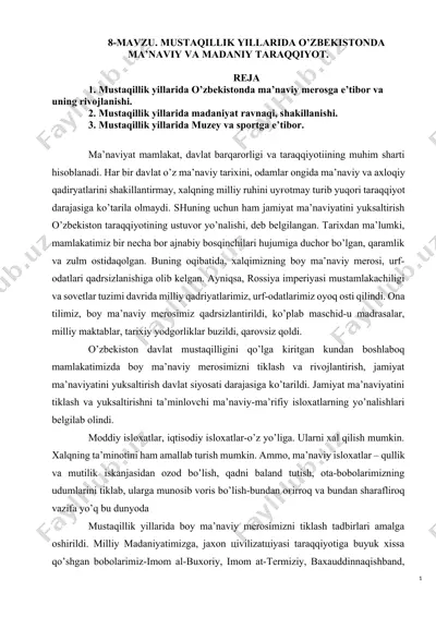 mustaqillik yillarida o’zbekistonda ma’naviy va madaniy taraqqiyot. — DOCX