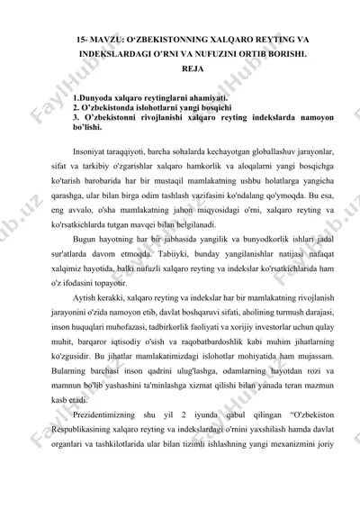 o‘zbekistonning xalqaro reyting va indekslardagi o’rni va nufuzini ortib borishi — DOCX