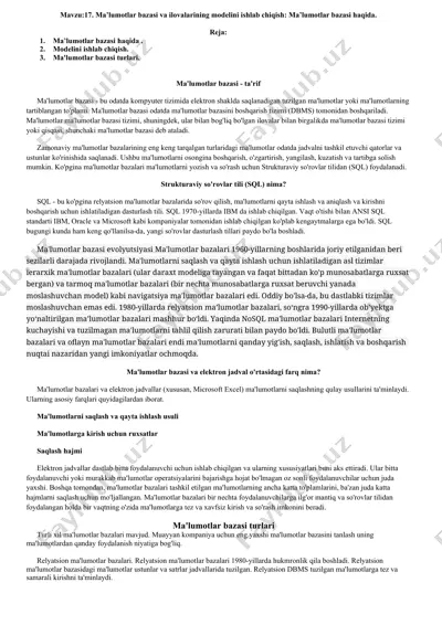 ma’lumotlar bazasi va ilovalarining modelini ishlab chiqish — DOCX