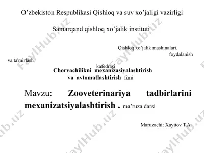 chorvachilikni mexanizasiyalashtirish va avtomatlashtirish fanidan ma'ruza darsi — PPTX