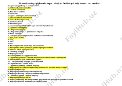 jismoniy tarbiya gigienasi va sport tibbiyoti fanidan yakuniy nazorat test savollari. — DOC