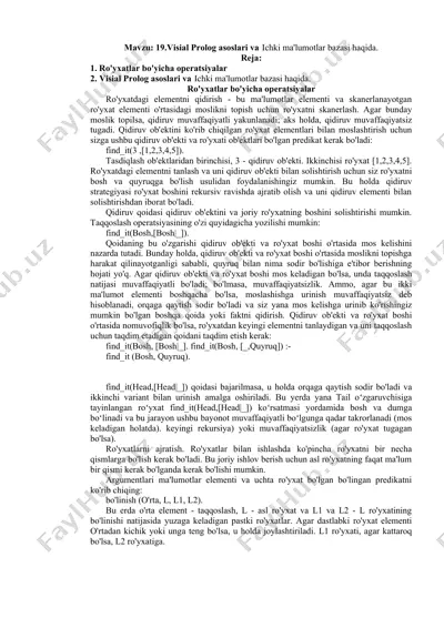visial prolog asoslari va ichki ma'lumotlar bazasi haqida — DOCX