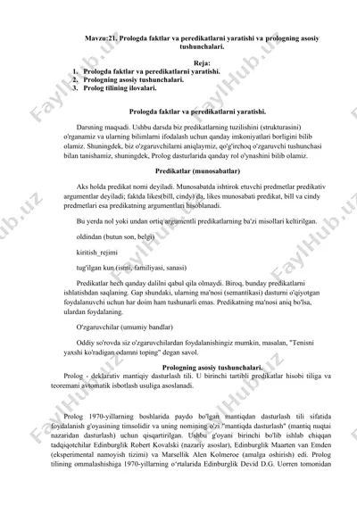 prologda faktlar va predukatlarni yaratishi va prologning asosiy tushunchalari — DOCX