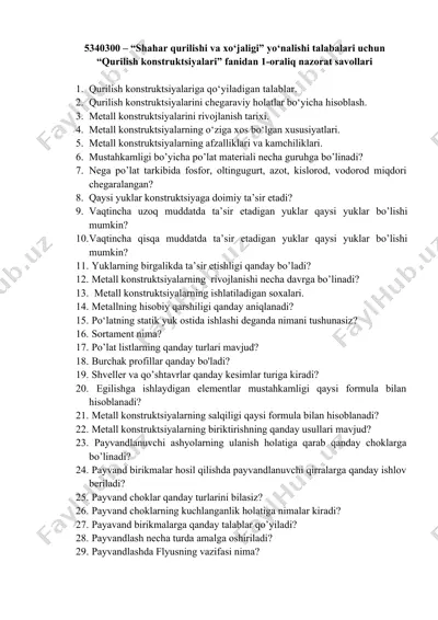 “shahar qurilishi va xo‘jaligi” yo‘nalishi talabalari uchun — DOCX