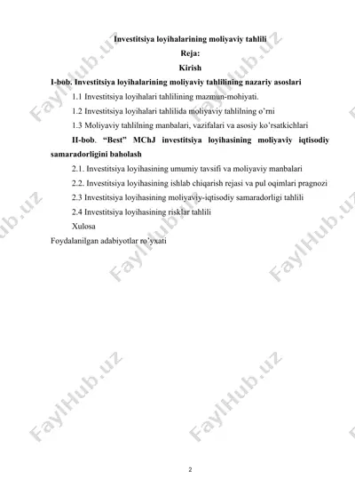 investitsiya loyihalarining moliyaviy tahlili — DOC