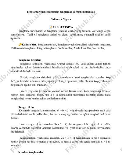 tenglamar tuzulishi turlari tenglamar yechish metodikasi — DOCX