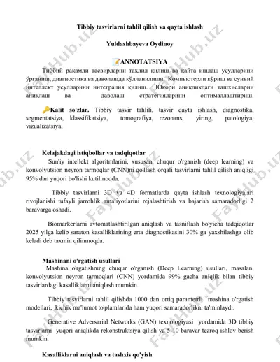 tibbiy tasvirlarni tahlil qilish va qayta ishlash — DOCX