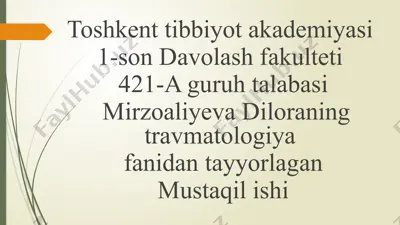 toshkent tibbiyot akademiyasi 1-son davolash fakulteti 421-a guruh talabasi mirzoaliyeva diloraning travmatologiya fanidantayyorlagan mustaqilishi oyoq panjasi statik deformatsiyalari — PPTX
