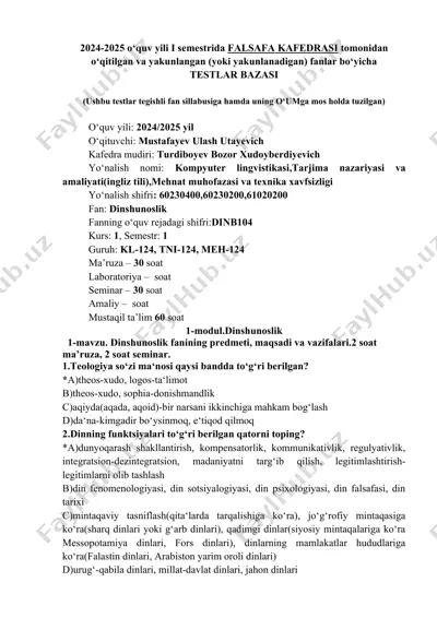 dinshunoslik fanining predmeti, maqsadi va vazifalari — DOCX
