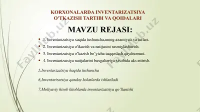 korxonalarda inventarizatsiya o'tkazish tartibi va qoidalari — PPTX