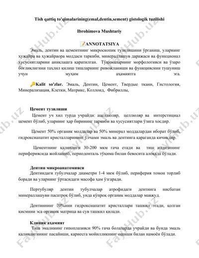 tish qattiq to'qimalarining(emal,dentin,sement) gistologik tuzilishi — DOCX