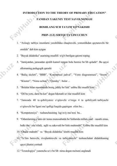 "introduction to the theory of primary education” fanidan yakuniy test savolnomasi" — DOC