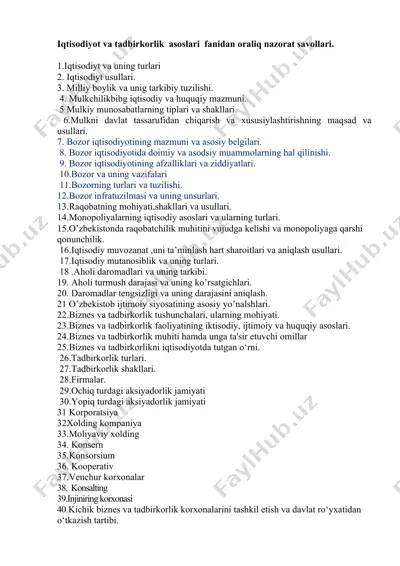 iqtisodiyot va tadbirkorlik asoslari fanidan oraliq nazorat savollari — DOCX