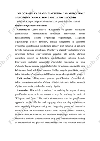 kilogramm va gramm mavzusida "gamification" metodidan innovatsion tarzda foydalanish — DOC