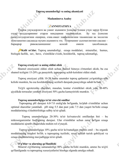 tuproq unumdorligi va uning ahamiyati — DOCX