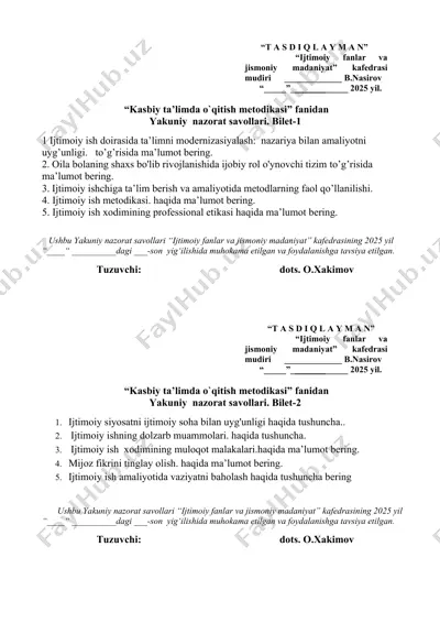 yakuniy nazorat savollari "kasbiy ta’limda o`qitish metodikasi" fanidan bilet-2 — DOCX