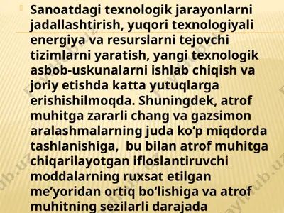 texnologik jarayonlarni jadallashtirish va ifloslanish — PPTX