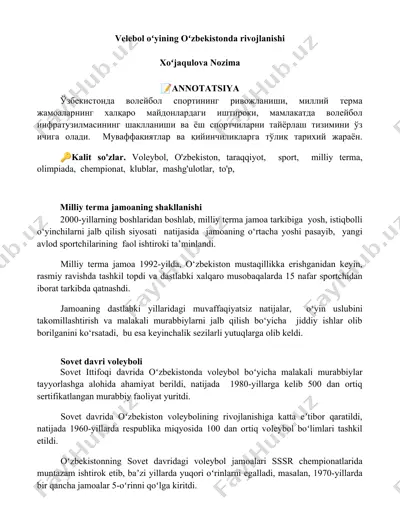 voleybol oʻyining oʻzbekistonda rivojlanishi — DOCX