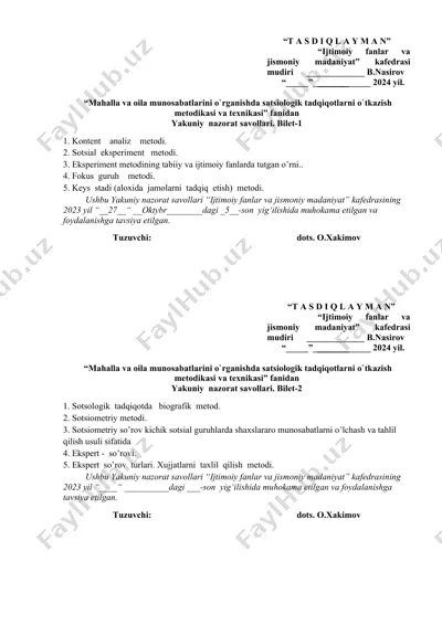 mahalla va oila munosabatlarini o`rganishda satsiologik tadqiqotlarni o`tkazish metodikasi va texnikasi — DOCX