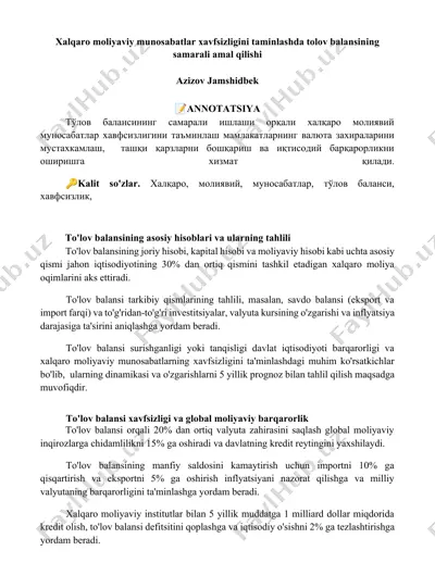 xalqaro moliyaviy munosabatlar xavfsizligini ta'minlashda to'lov balansining samarali amal qilishi — DOCX