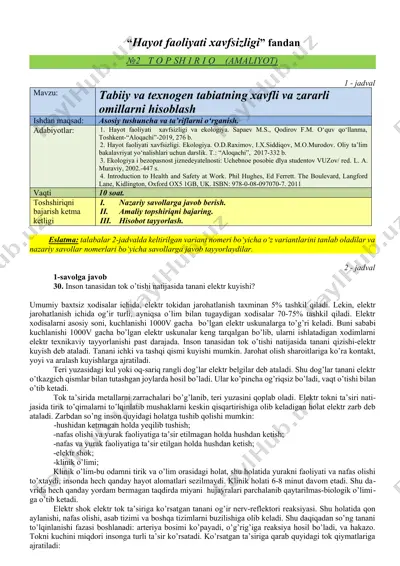 tabiiy va texnogen tabiatning xavfli va zararli omillarni hisoblash — DOCX
