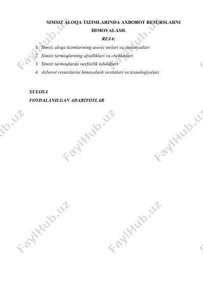 simsiz aloqa tizimlarida axborot resurslarni himoyalash. — DOCX