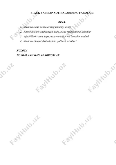 stack va heap xotiralarining farqlari — DOCX