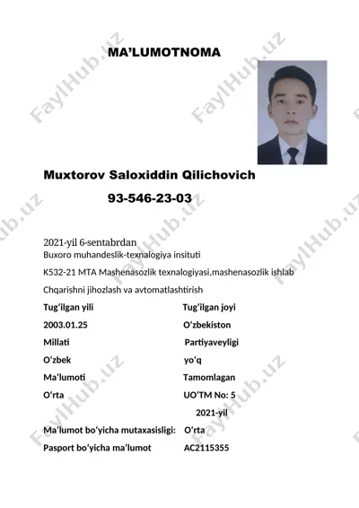 mashenasozlik texnologiyasi — DOCX