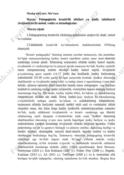 pedagoglarda kreativlik sifatlari va ijodiy tafakkurni rivojlantiruvchi metodlar — PDF