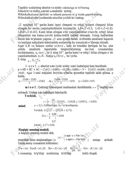mikrokalkulyator va absoliut/nisbiy xatolar — PDF