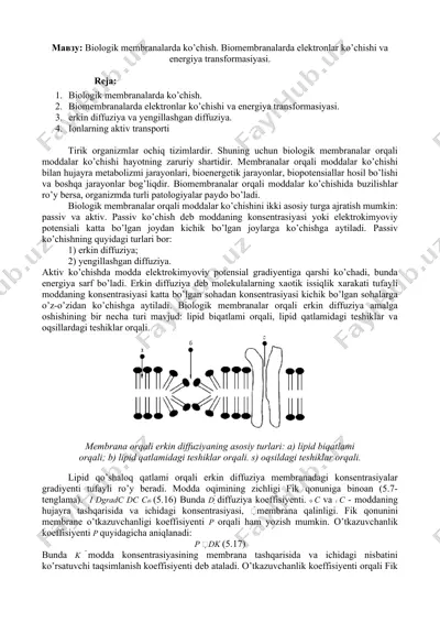 biologik membranalarda ko’chish. biomembranalarda elektronlar ko’chishi va energiya transformasiyasi — DOCX