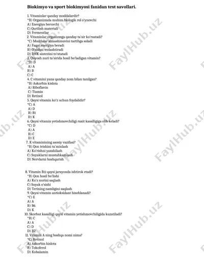 biokimyo va sport biokimyosi fanidan test savollari — DOCX