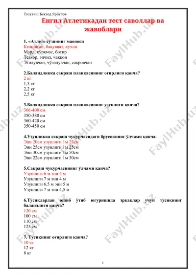 engil atletikadan test savollar va javoblari — DOCX