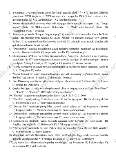 evropa madaniyati tarixi test savollari — PDF