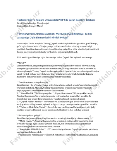 yerning quyosh atrofida aylanishi mavzusida gamifikatsiya: ta’lim jarayoniga o‘yin elementlarini kiritish metodi — DOCX