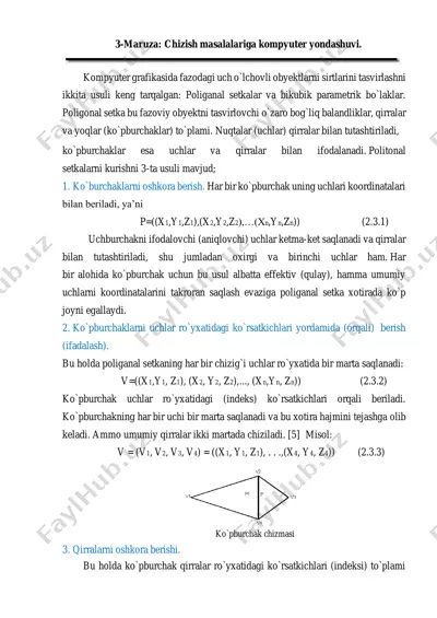 kompyuter grafikasida fazodagi uch o`lchovli obyektlarni tasvirlash. — PDF