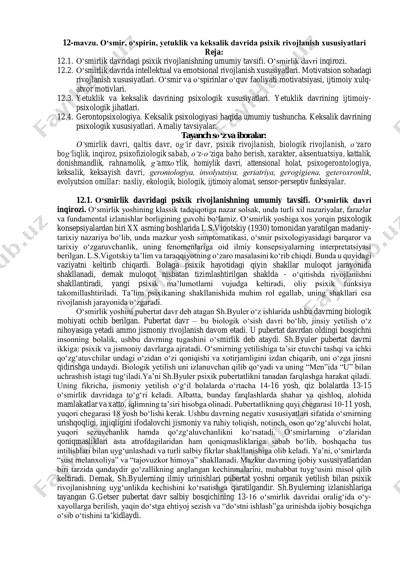o‘smirlik, o‘spirin, yetuklik va keksalik davrida psixologik rivojlanish xususiyatlari — PDF