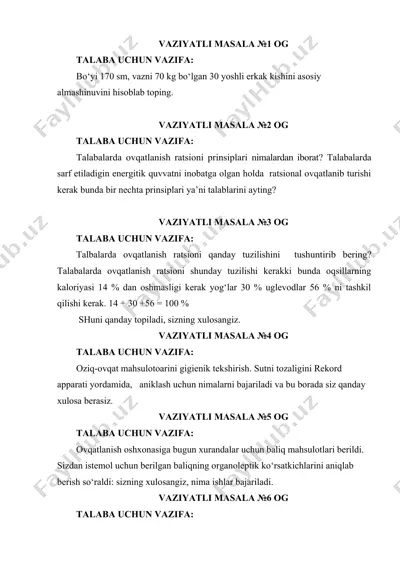 vaziyatli masalalar bo'yicha talabalarga vazifalar — DOCX