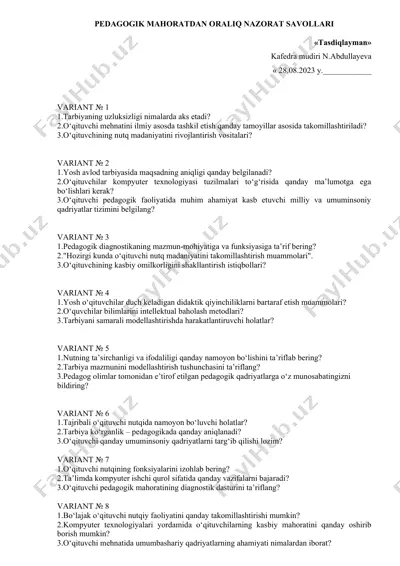 pedagogik mahoratdan oralik nazorat savollari — DOC