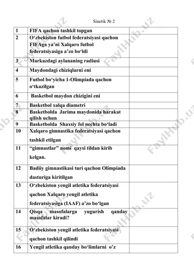 sport va atletika bo'yicha savollar va javoblar to'plami — DOCX