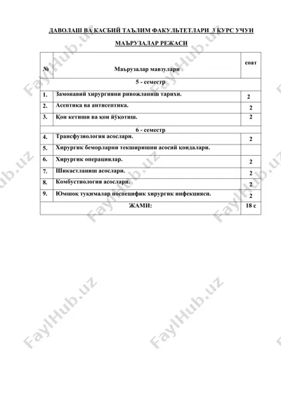 davolash va kasbiy ta'lim fakultetlari 3 kurs uchun ma'ruzalar rejasi — DOCX