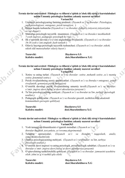 umumiy psixologiya fanidan yakuniy nazorat savollari — DOC