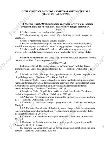 o‘zbekistonning eng yangi tarixi o’quv fanining predmeti, maqsadi va vazifalari — DOC