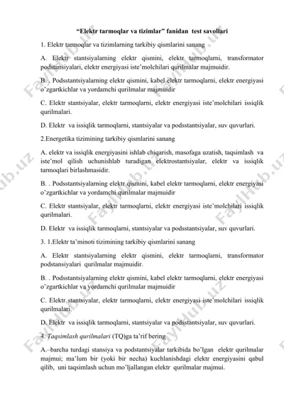 "elektr tarmoqlar va tizimlar" test savollari — DOCX