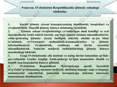o‘zbekiston respublikasida ijtimoiy sohadagi islohotlar — PPT