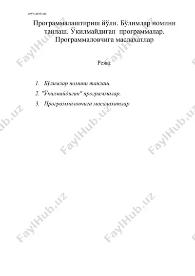 программалаштириш йўли. бўлимлар номини танлаш. ўкилмайдиган программалар. программаловчига маслахатлар — DOC
