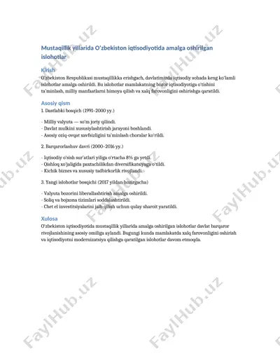 mustaqillik yillarida o‘zbekiston iqtisodiyotida amalga oshirilgan islohotlar — DOCX