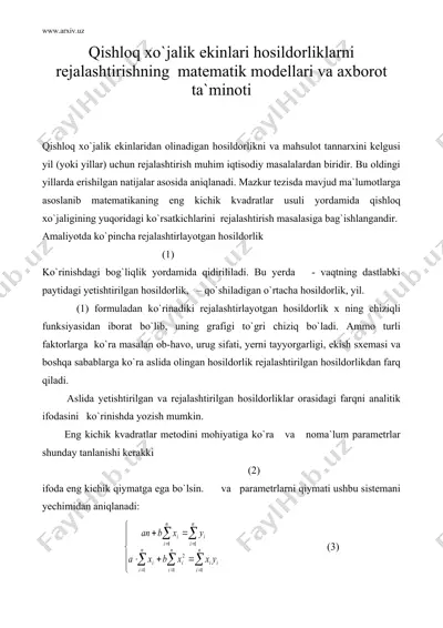 qishloq xo`jalik ekinlari hosildorliklarni rejalashtirishning matematik modellari va axborot ta`minoti — DOC